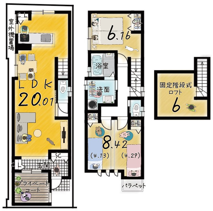 吉田中阿達町　建築条件付土地　メインプランの土地図＋建物プラン例