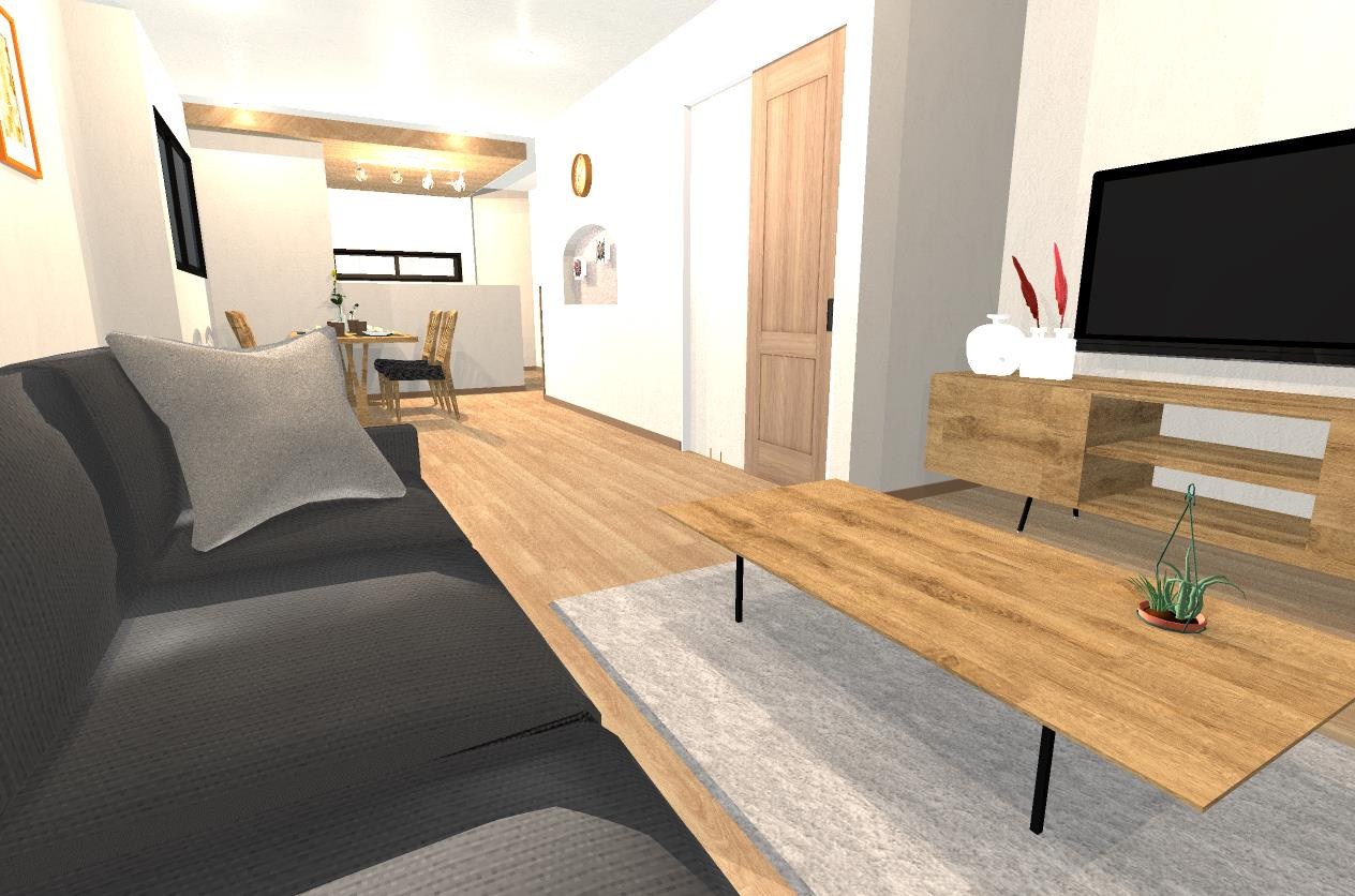 吉田中阿達町　建築条件付土地　メインプランの完成予想図|【リビング：パース図】20帖超のゆったりとしたリビングで家族団らんのひと時を♪