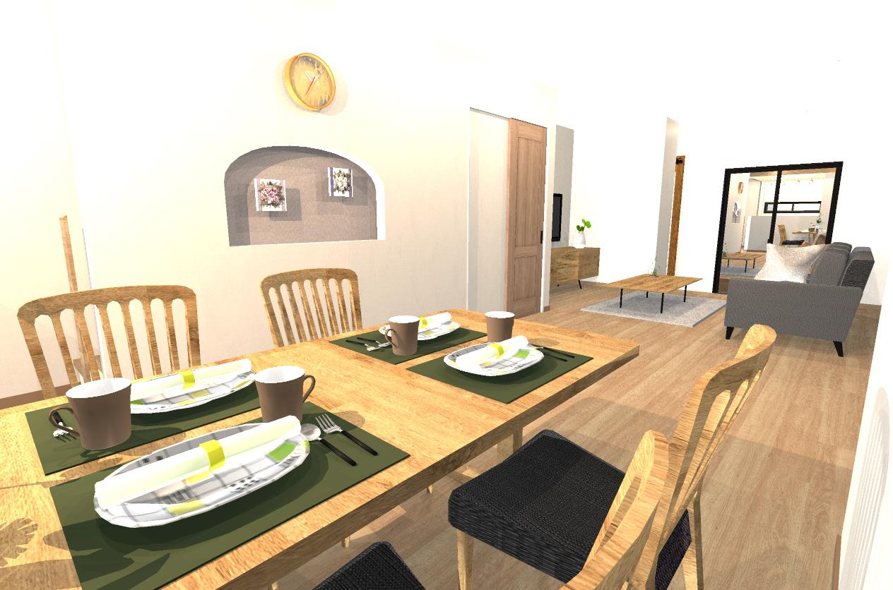 吉田中阿達町　建築条件付土地　メインプランの完成予想図|【リビング：パース図】自由設計につき外観や内観のお色味や素材などもお好みのものをお選びいただけます！