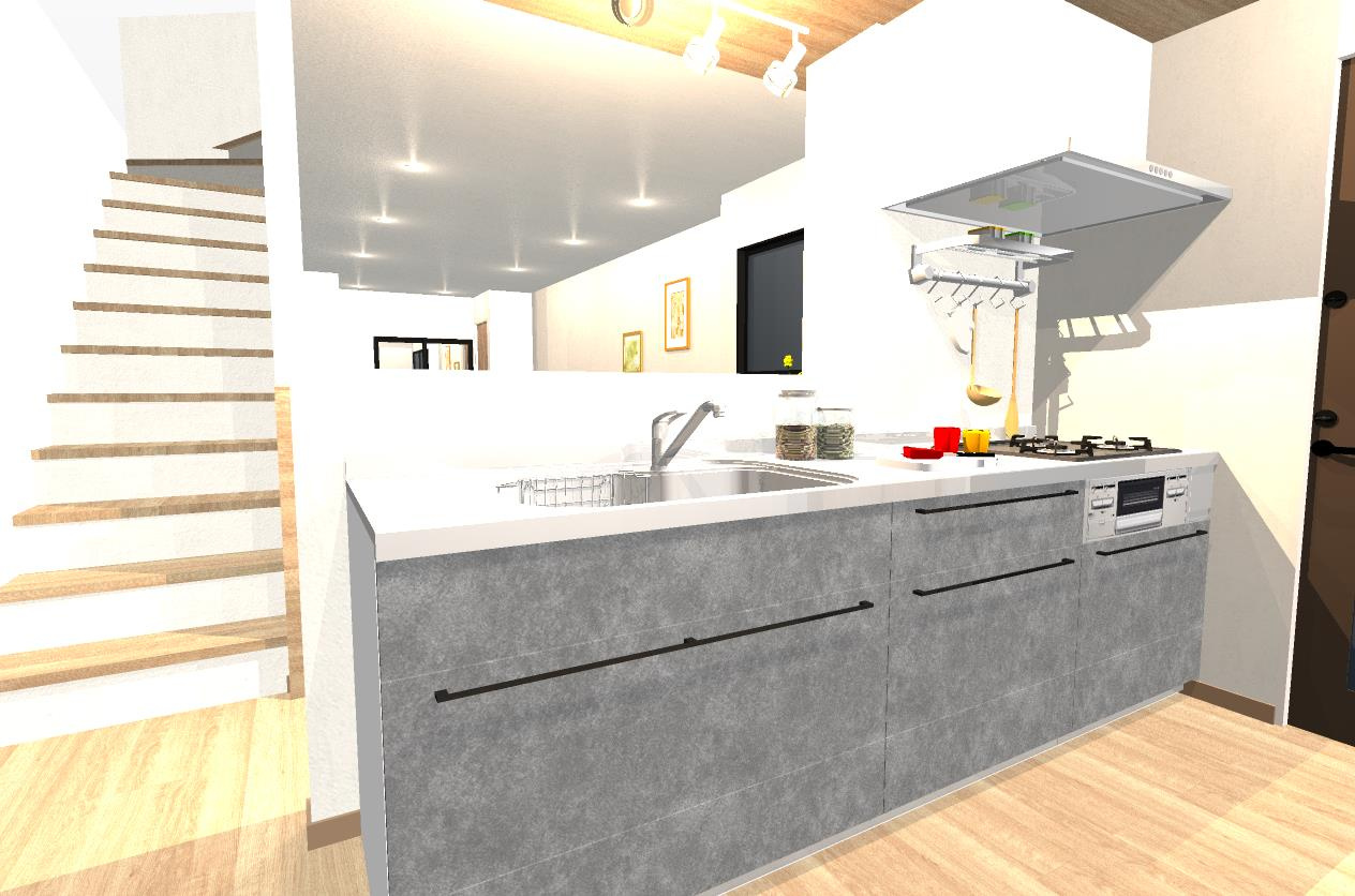 吉田中阿達町　建築条件付土地　メインプランの完成予想図|【リビング：パース図】対面式キッチンなのでリビングにいるご家族との会話を楽しみながらお料理することができます！