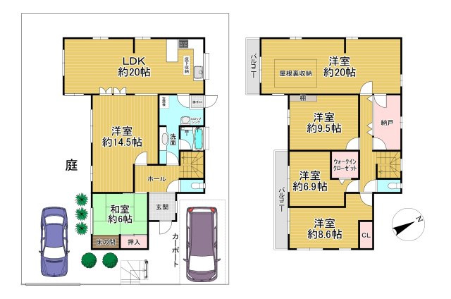堺市南区庭代台4丁　戸建ての間取り|南東向きで間口が広い閑静な住宅地