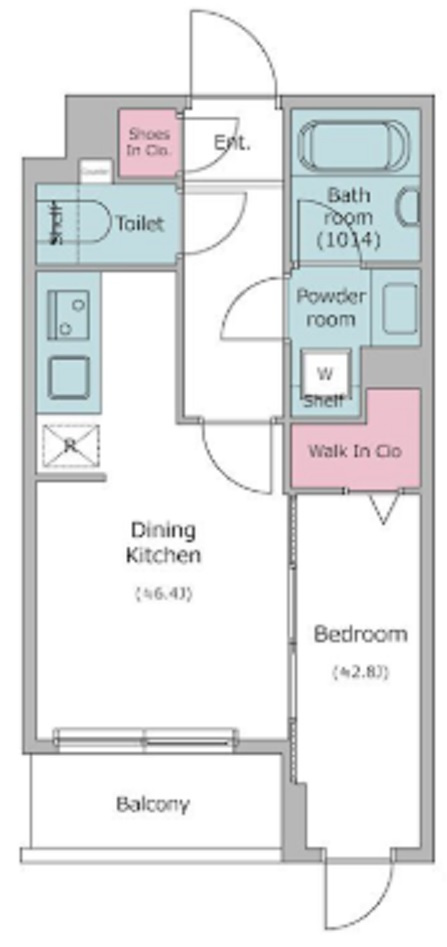 ドゥーエ梅屋敷の間取り|DK6.4帖と洋室2.8帖の1DKバストイレ別独立洗面台　テレワークや居室と食事スペースを分けたい方に！