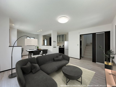 【居間・リビング】 | 【2号棟　LDK　家具設置イメージ】
※画像内の家具家電はCGで作成したイメージです。実際の物件には付帯致しません。