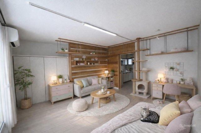 コーポアズールⅡの居間・リビング|陽だまりと、猫の気配がある暮らし。※家具、猫はAIによるイメージですので付属しません。