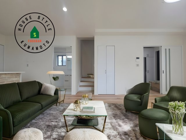 熊本市南区富合町杉島第6-4棟（3号棟）の内観：施工例|キッチンからリビングをしっかり確認できます。家族の笑顔があふれる空間になりそうですね。※家具はCGを合成したものです。同仕様写真