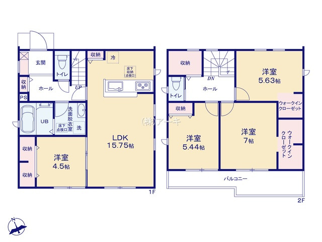 高浜市青木町９丁目5-15『仲介手数料無料』新築戸建ての間取り|　2号棟　1F:LDK15.75帖に隣接する洋室4.5帖はお子様の遊び場・奥様の家事室に便利です。2F:主寝室7帖・洋室5.63帖　WIC設置！便利なホール収納♪南面ワイドバルコニー♪