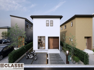 【外観パース】 | 宇治市広野町宮谷　2区画　D号地　売土地　建築条件付き　 | 弊社は、気密測定器を保有しており、自社での気密測定を実現しております。気密処理をし、気密測定まで標準でさせていただいております。