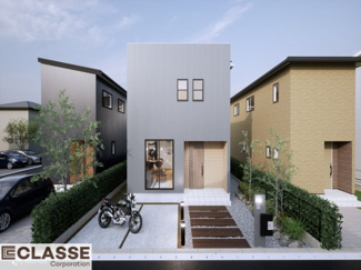 【外観パース】 | 宇治市広野町宮谷　2区画　D号地　売土地　建築条件付き　 | 弊社は、気密測定器を保有しており、自社での気密測定を実現しております。気密処理をし、気密測定まで標準でさせていただいております。