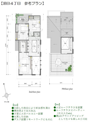 【参考プラン】 | ＜二子玉川駅最寄り＞瀬田４丁目　建築条件なし売地　 | 建物参考プラン（２F～PH）
