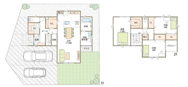 新築　前橋市下新田町の間取り|建物面積32.56坪　広々17.8帖のLDK♪シューズインクロークにファミリークローク、ウォークインクローゼットと充実の収納量♪浴室は1.25坪とゆったりサイズ♪