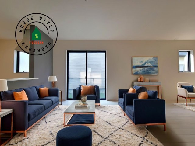 熊本市東区戸島第11-1棟（1号棟）の居間・リビング|明るく開放的なリビングダイニングは豊かな陽光が注ぎ込み、やすらぎの空間を演出してくれます。ご家族で楽しいひとときをお過ごし下さい。※家具はCGを合成したものです。