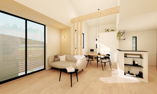 【ダイニング】 | 宇治市広野町宮谷　新築戸建 | 19.7帖の広々LDK。
上部が吹抜けのため開放感があるスペースです。光がもれる採光階段も広く見せる工夫です。