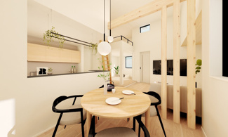 【居間・リビング】 | 宇治市広野町宮谷　新築戸建 | LIXILの新作ラフモルタルフローリングを採用。無機質でかっこいい雰囲気に。