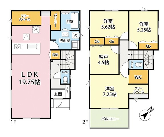 練馬区高松1丁目　土地約38坪　大型邸宅　全4棟の間取り|4号棟　4LDK+パントリー+2フリースペース+WIC+カースペース2台分　敷地面積 126.12ｍ2　建物面積 107.65ｍ2