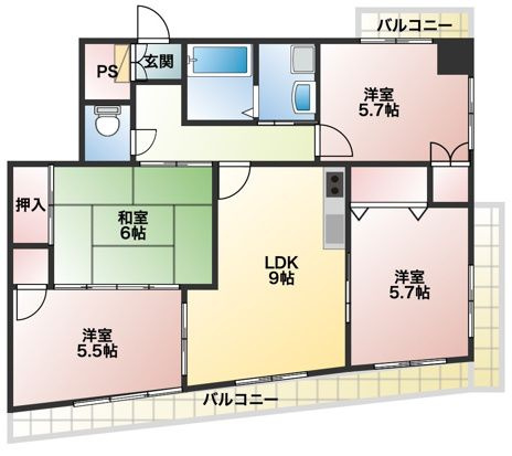 シャルム六ツ門の間取り|3DKの間取りです