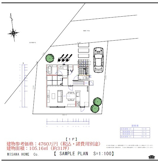売地　宮下本町2丁目の土地図＋建物プラン例|【参考プラン】建物参考プラン御座います！
建物参考価格：4760万円（税込・諸費用別途）
建物面積：105.16㎡（約31坪）