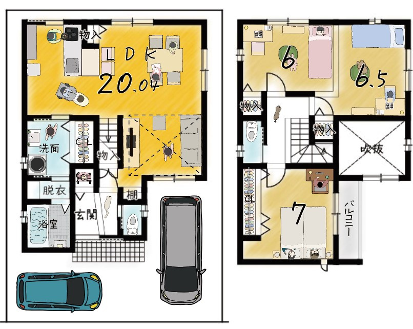 小柿八丁目の区画図|リビング上部には大きな吹き抜けがある為、明るく開放感がございます！