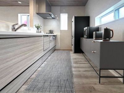 【キッチン】 | 【8号棟　キッチン　家具設置イメージ】
※画像に含まれる家具家電はCGで作成したイメージです。実際の物件には付帯しません