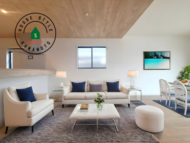 菊池郡大津町第3-2棟（2号棟）　の居間・リビング|キッチンからリビングをしっかり確認できます。家族の笑顔があふれる空間になりそうですね。※家具はCGを合成したものです。同仕様写真