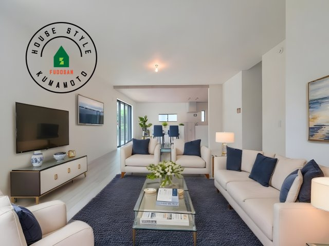 菊池郡大津町第4-1棟（1号棟）　の居間・リビング|キッチンからリビングをしっかり確認できます。家族の笑顔があふれる空間になりそうですね。※家具はCGを合成したものです。