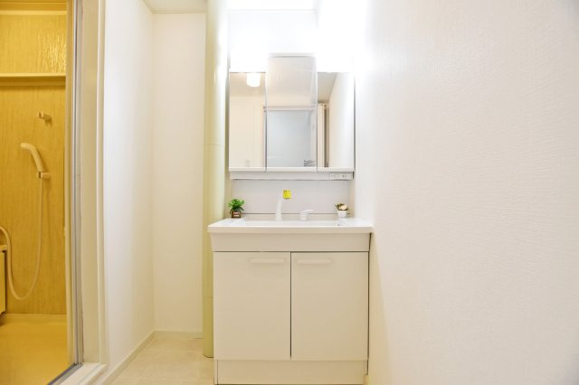 甲子園住宅の独立洗面台|三面鏡で歯ブラシなどのアメニティグッズがしっかり収納できます。かさばりやすい洗面周りをすっきり快適にご利用いただけます。