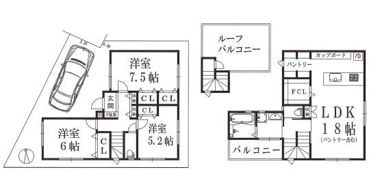 八王子市　大楽寺町　新築一戸建ての間取り|～南向き3LDK　プライバシー性に優れた2階リビング、洗濯後すぐバルコニーへ干せる間取り～