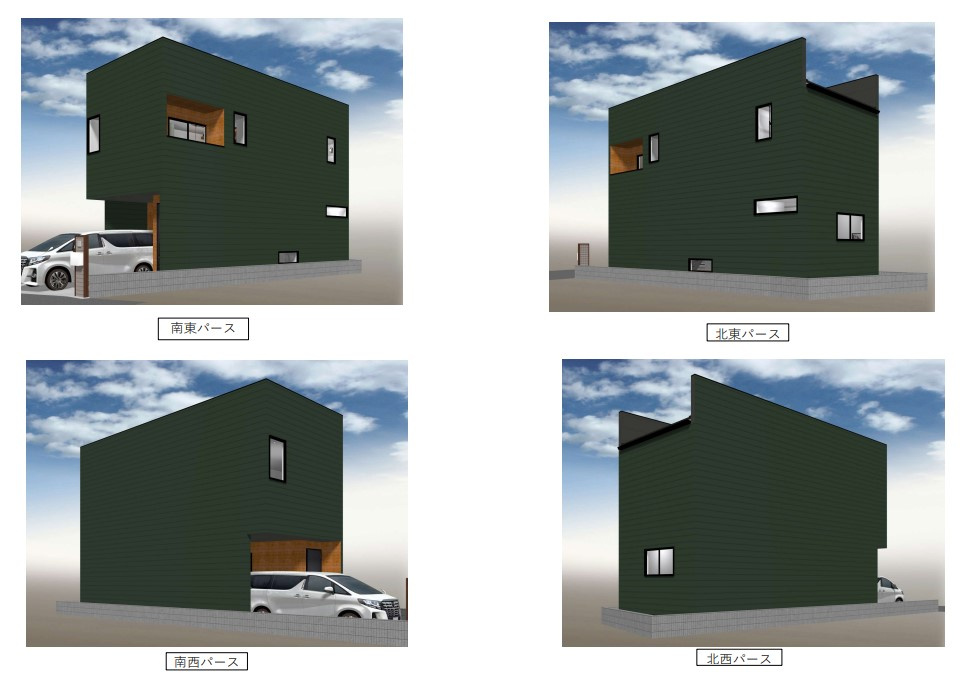 【成約済】向日市物集女町南条の外観パース|延床面積：73.49㎡（約22.23坪）
1階：36.11㎡　2階：41.42㎡