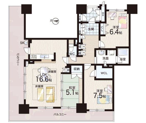 ロイヤルメドゥ香里園タワーの間取り|3LDK+ウォークインクローゼット　二面バルコニーで開放感あるリビング！