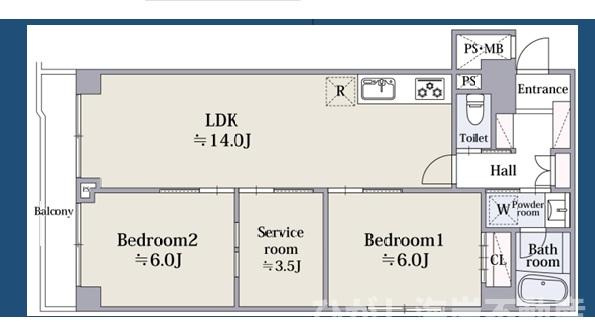 シーサイドパレス平塚の間取り|専用庭付きの2SLDKです