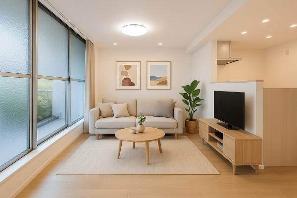 妙蓮寺コーポラスの居間・リビング|家族が自然と集まるリビングは
落ち着きのある空間です♪
※家具はCGの参考レイアウトです。