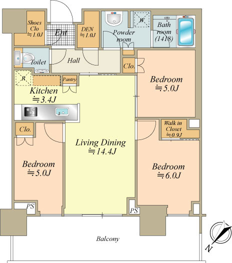 北西向き、3LDKファミリータイプ