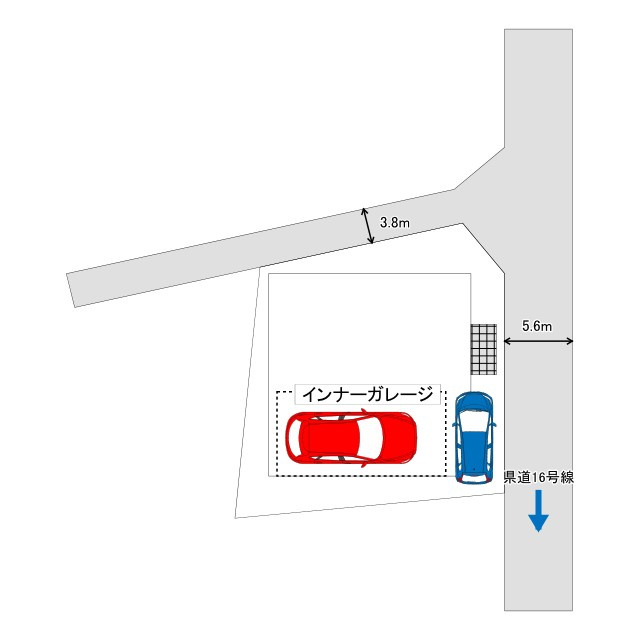 山形市東原町4丁目8-12の区画図|配置図
ガレージ前の接道は車通りが多くないので、余裕をもって駐車できます。