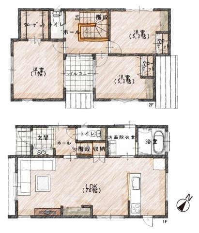 【間取り】 | ライフフィールド光明台2丁目Ⅳ　2号地 | 広々20帖リビングのある、3LDK新築戸建！家族が集う日常が癒しになるプランニング。
