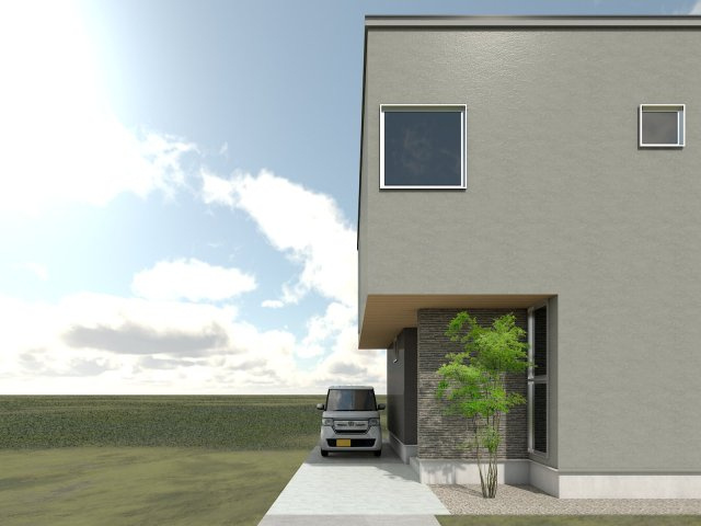 大原町　売土地の外観パース|駐車2台可能・木造2階建てのプランをご用意しております
また、設計士が初回から同席し、図面を描き、高性能で、かつ、ハウスメーカーよりお求めやすい、あなたにとって「ちょうど良い家」を提案いたします