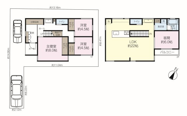 大原町　売土地の区画図|ご家族がくつろげるよう、2階にリビングや浴室などの水まわりをまとめた設計
ゲストルームとしても活用できるスペースを確保し、1階には個室を配置することで、プライベートな時間も大切にできる間取りです