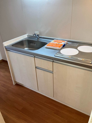 【キッチン】 | ピュア・グリーン | IH2口のシステムキッチンです☆IHは火を使わないので安心なうえ、お掃除もラクラク♪自炊生活で楽しく健康に！