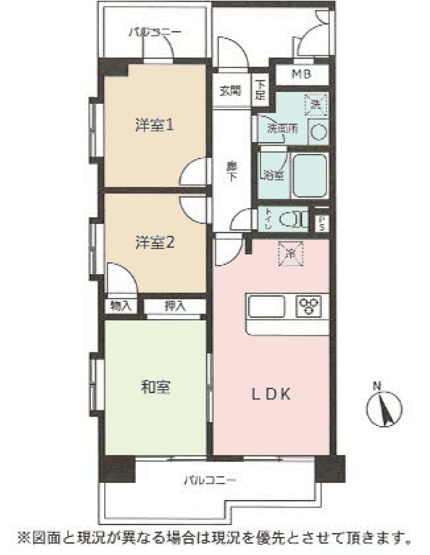 【間取り】 | レサージュ相模原壱番館 | 3LDKは、リビングダイニングキッチンと3つの居室がある間取り。ファミリー層に非常に人気の高い間取りで、広々としたリビングで家族団らんを楽しみ、個室でプライベートな時間も確保できるのが大きな魅力です。