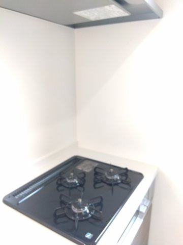 新井田西1丁目のキッチン|ガスコンロは３口グリル付き。フラットレンジフード/薄型なのでお手入れがしやすく見た目がスタイリッシュ