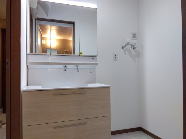 新井田西1丁目の独立洗面台|三面鏡洗面台、見た目がオシャレなだけでなく収納力や姿見として使えるといった機能面も優れている点が特徴。