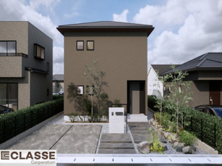 【外観パース】 | 宇治市宇治大谷　2区画B号地　売土地　建築条件付き | 標準仕様（アトリエスタイルハウス仕様）で断熱材は気密性、断熱性能も高い、吹付断熱を採用。屋根断熱を実現していますので、お家全体が冬はあったかく、夏は涼しいお家づくりが可能です。