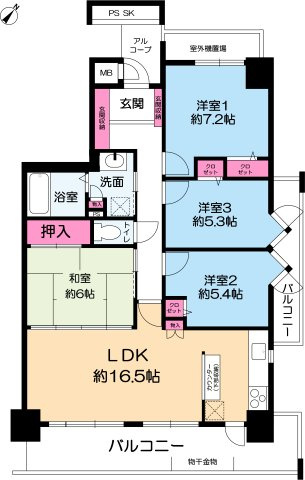 西宮マリナパークシティ海のまち5番館の間取り|南東角部屋　４LDKの間取り2017年設備交換リフォーム済み