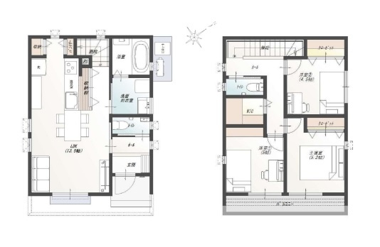 高知市高須3丁目　戸建て物件の間取り|3LDKの間取りは各所に豊富な収納を配置し、キッチン収納やWICも完備しています。生活動線や家事効率に配慮された無駄のない2階建ての設計で、空間を最大限に広々と使って心地よく暮らせます。