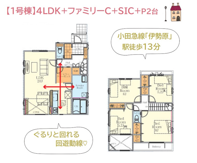【間取り】 | 開放的な吹抜けリビングには水廻り・ファミリークロークが併設！
行き止まりがなく、ぐるりと回れる回遊動線で家事効率上がる4LDKのお住まいです♪