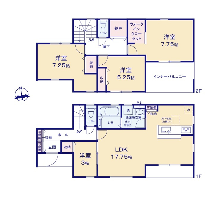 リーブルガーデン  水戸市見川　第14　1の間取り|　
☆各部屋を最大限に広く使って頂けるよう、全居室に大容量の収納スペース！1階3帖洋室はキッズスペースにも納戸にも◎全室明るい南向きのお部屋です。