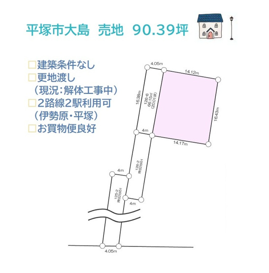 【土地図】 | 大人11人でも快適に暮らせる開放感あふれる土地90.39坪◎
二世帯・三世帯でも暮らせる「建築条件なし」
現況：解体工事中！更地でのお渡しとなります♪