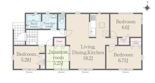 菊池郡大津町大字大津第1-3棟（2号棟）の間取り|全居室収納付きで便利です。