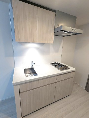 SEASON FLATS上野稲荷町のキッチン|ガス2口システムキッチン、料理しやすくシンクカバー付、キッチン下部収納は奥まで整理し役位引出しタイプです、上部にも収納付です