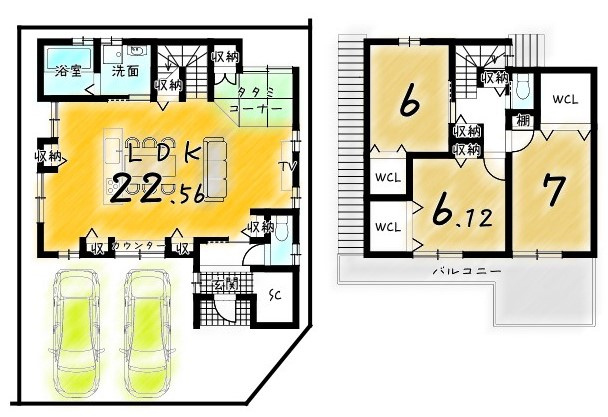 桃山町大島２号地　建築条件無土地の参考プラン|【２区画割り】２号地新築参考プラン
建物１０３．８８㎡　建物２０００万円
建築確認申請費用１２０万円・外構費用１１０万円・水道負担金２２万円(全て税込)