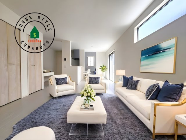 菊池郡大津町美咲野4丁目第1-1棟（1号棟）　の居間・リビング|キッチンからリビングをしっかり確認できます。家族の笑顔があふれる空間になりそうですね。※家具はCGを合成したものです。