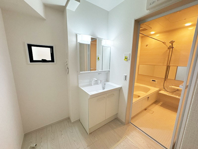 【洗面所】 | ふじみ野市元福岡1丁目　新築一戸建住宅　全2棟　(ふじみ野店) | 使い勝手の良い三面鏡洗面化粧台で朝の身支度もばっちり！